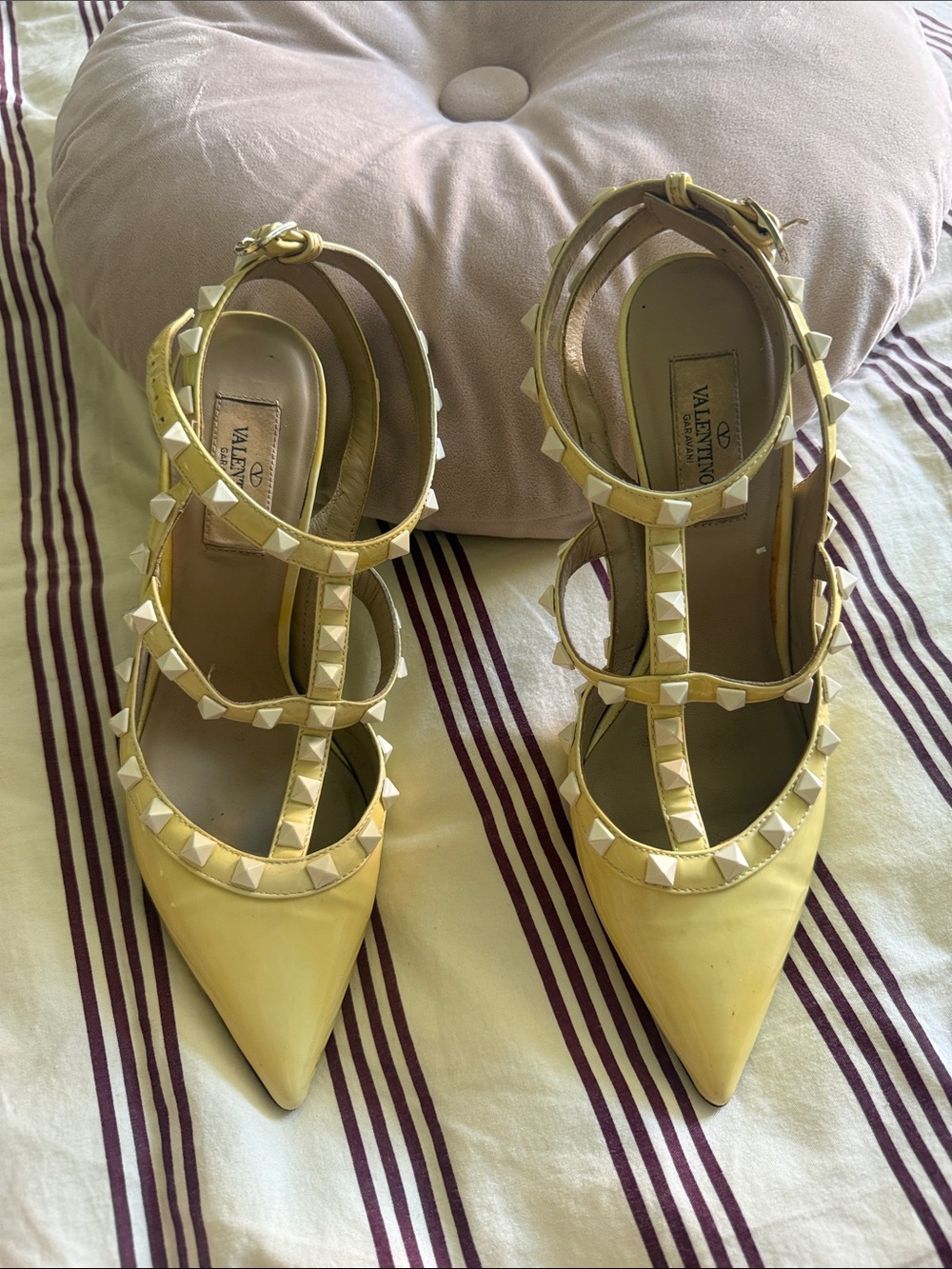 Valentino Yellow Leather Rockstud Strappy Pointed-Toe Pumps